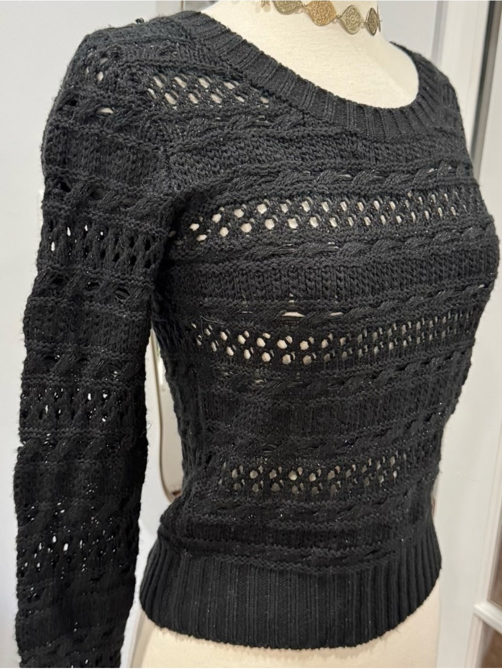 dELiA*s Vintage Y2K Black Open-Knit Black Metallic Sweater